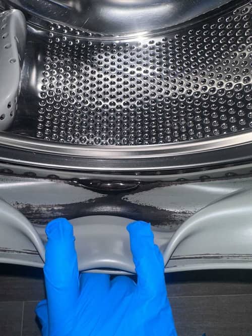 裝修前大檢查，清洗專員用除霉啫喱細心清潔這部金章牌前置式洗衣機的門膠縫隙🪣