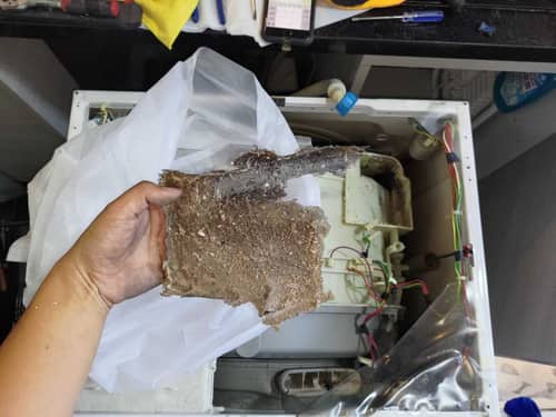 這部Rosieres洗衣機烘乾出冷風？師傅拆解風管後發現如餅乾般的積塵 🍪